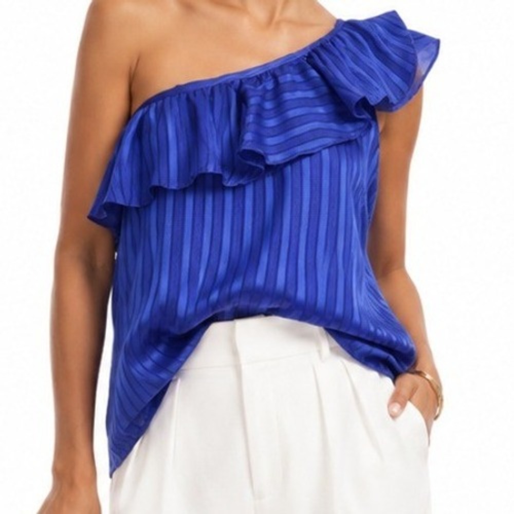 WHBM Royal Blue One Shoulder Ruffle Metallic Stripe Blouse Size 6 Side Zip NWT